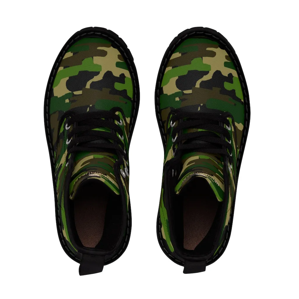 Green Camouflage Women's Canvas Boots, Army Military Print Winter Hiking Boots For Ladies