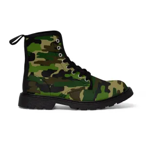 Green Camouflage Women's Canvas Boots, Army Military Print Winter Hiking Boots For Ladies