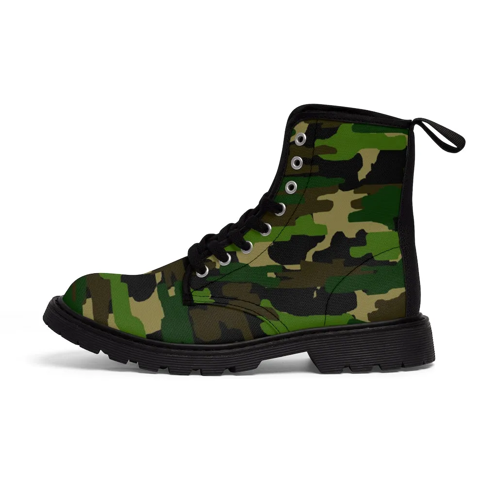 Green Camouflage Women's Canvas Boots, Army Military Print Winter Hiking Boots For Ladies