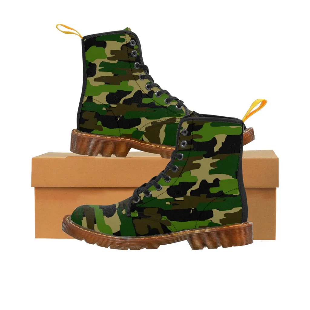 Green Camouflage Women's Canvas Boots, Army Military Print Winter Hiking Boots For Ladies