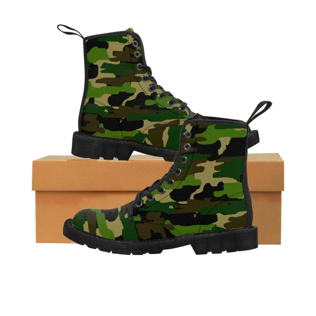 Green Camouflage Women's Canvas Boots, Army Military Print Winter Hiking Boots For Ladies