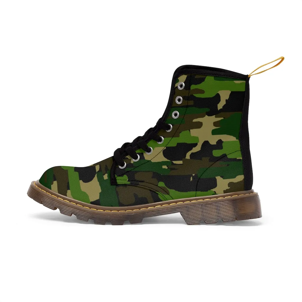 Green Camouflage Women's Canvas Boots, Army Military Print Winter Hiking Boots For Ladies
