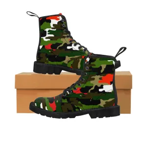Green Red Camo Men's Boots, Camouflage Military Army Print Canvas Winter Hiking Boots