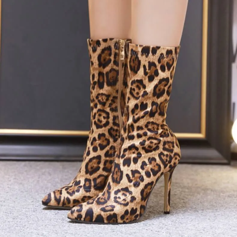 High Heel Leopard Print Suede Calf Boots