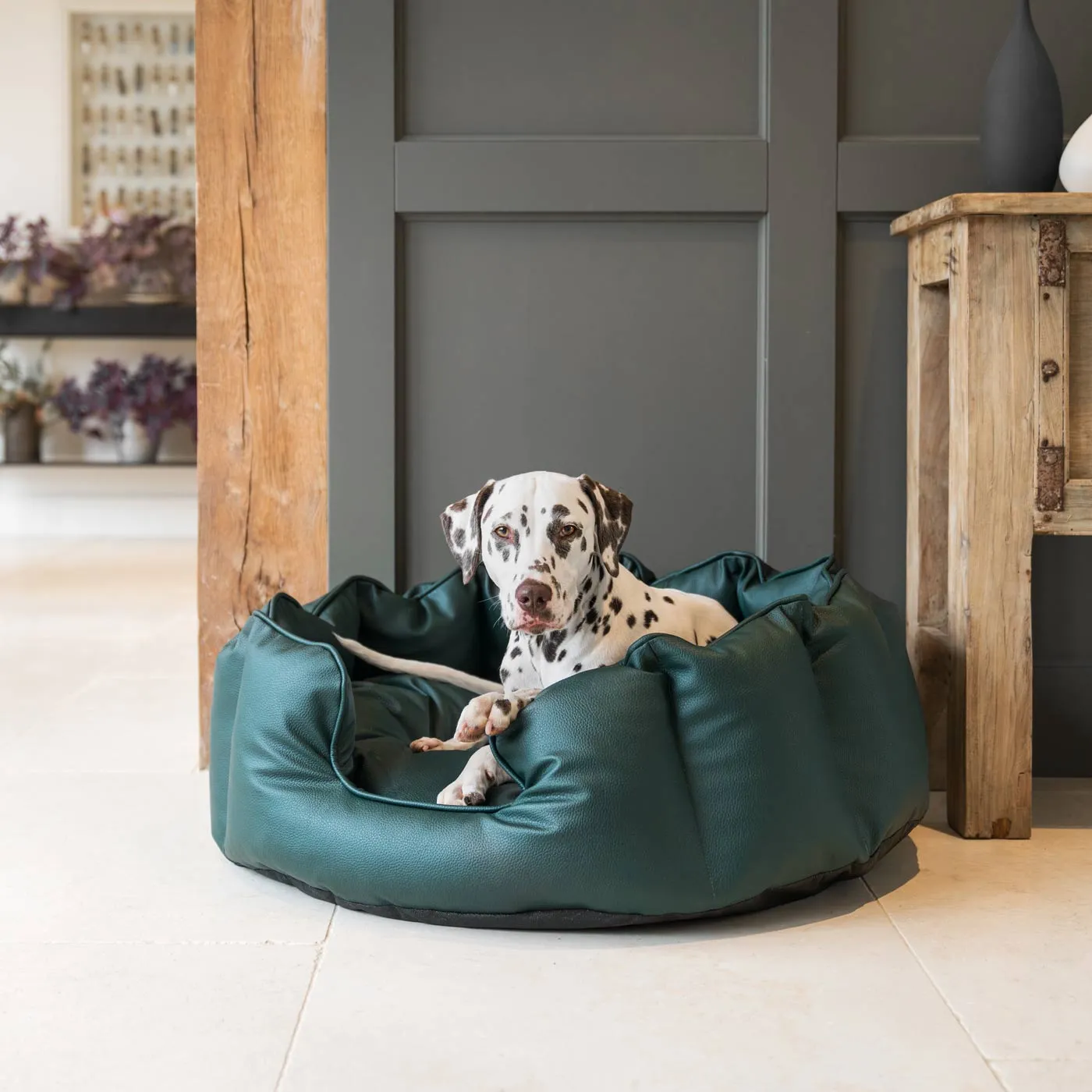 High Wall Bed With Removable Covers in Rhino Tough Forest Faux Leather by Lords & Labradors