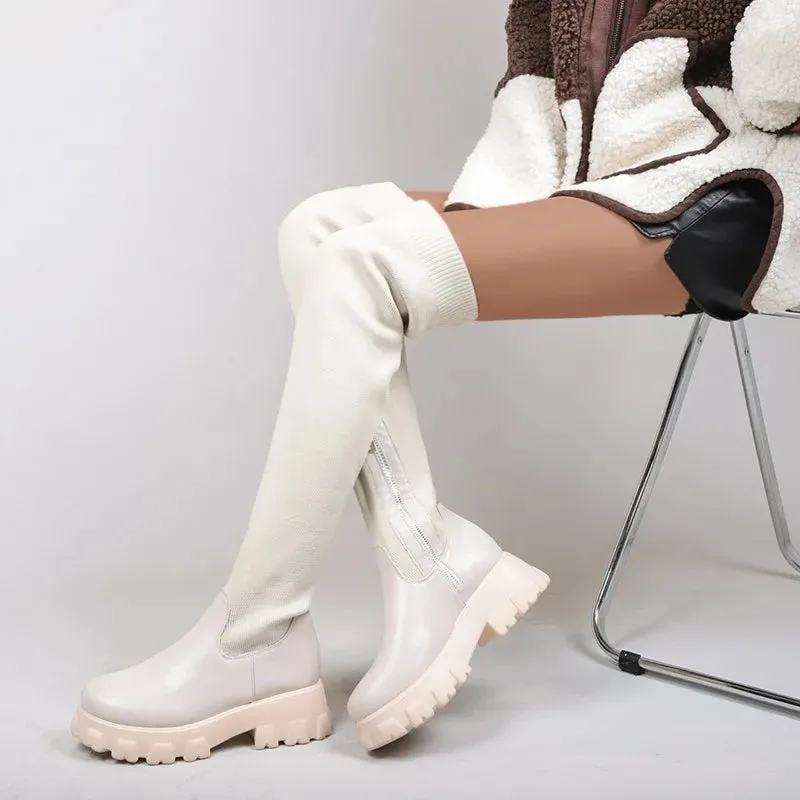 Hnzxzm Women Thick Sole Boots 2024 Autumn Winter Breathable Knitting Sock Ladies Thigh High Boots Stretch Round Toe Shoes Plus Size 43