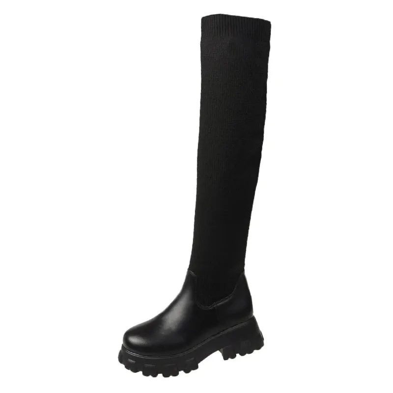 Hnzxzm Women Thick Sole Boots 2024 Autumn Winter Breathable Knitting Sock Ladies Thigh High Boots Stretch Round Toe Shoes Plus Size 43