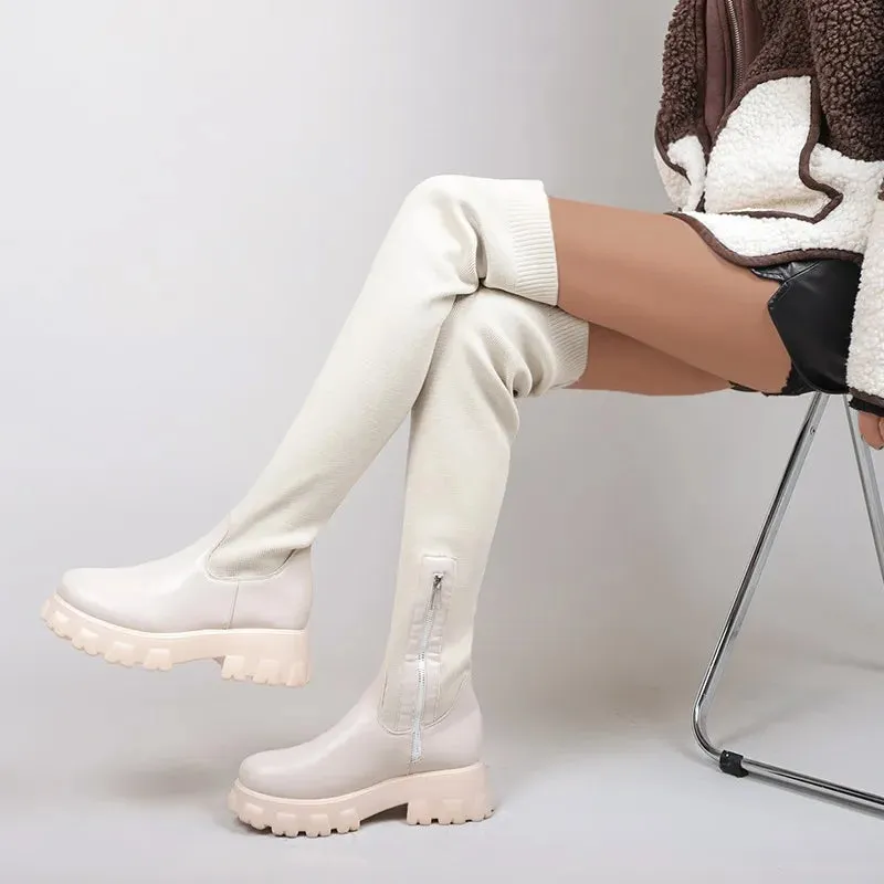 Hnzxzm Women Thick Sole Boots 2024 Autumn Winter Breathable Knitting Sock Ladies Thigh High Boots Stretch Round Toe Shoes Plus Size 43