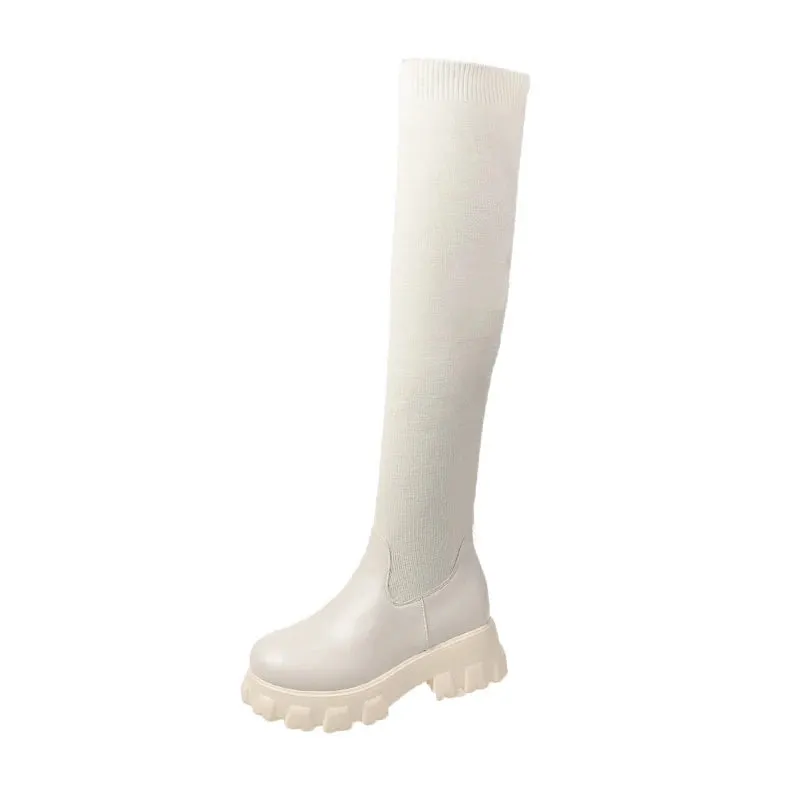 Hnzxzm Women Thick Sole Boots 2024 Autumn Winter Breathable Knitting Sock Ladies Thigh High Boots Stretch Round Toe Shoes Plus Size 43