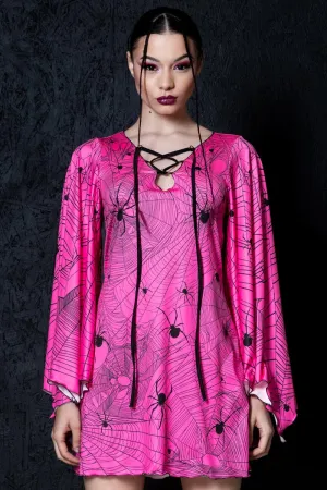 Hot Pink Spiderwebs Bell Sleeve Dress