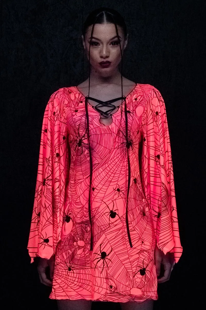 Hot Pink Spiderwebs Bell Sleeve Dress
