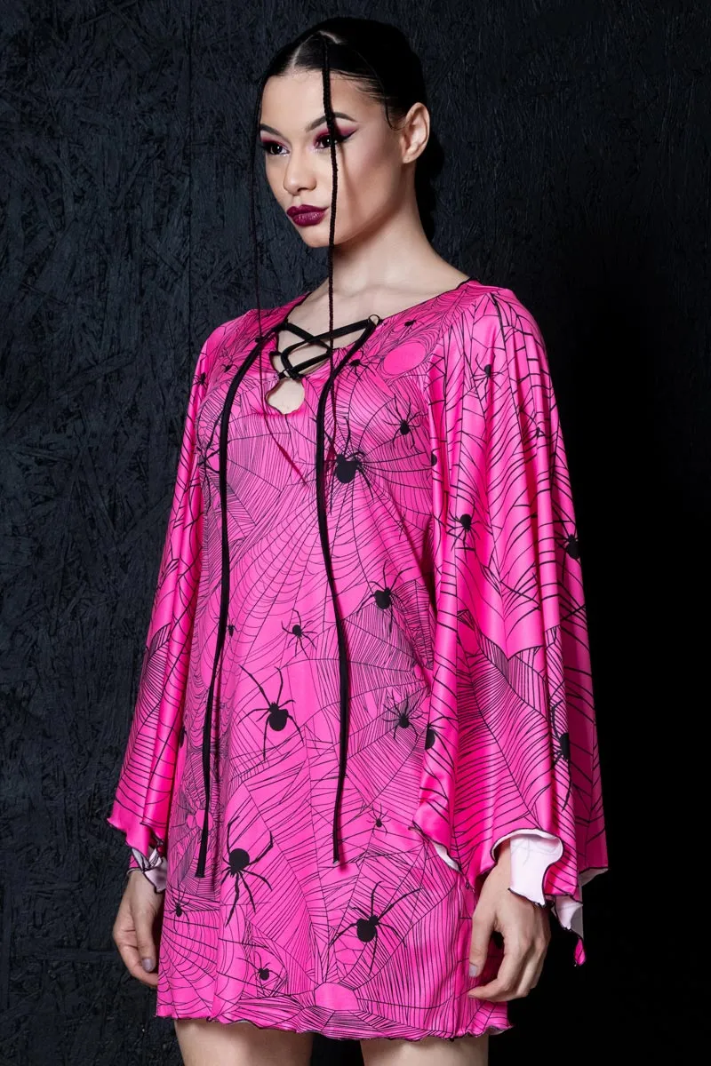 Hot Pink Spiderwebs Bell Sleeve Dress