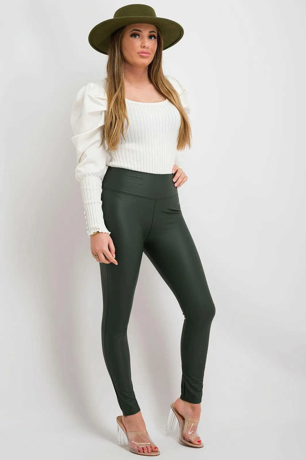 Khaki Leather Wet Look High Waist Leggings