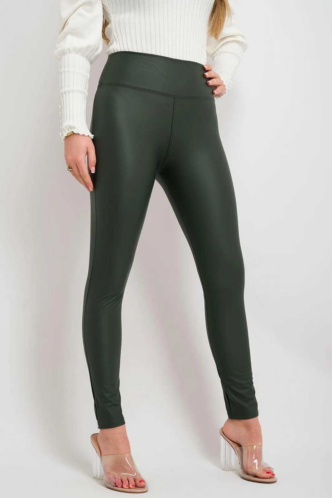 Khaki Leather Wet Look High Waist Leggings
