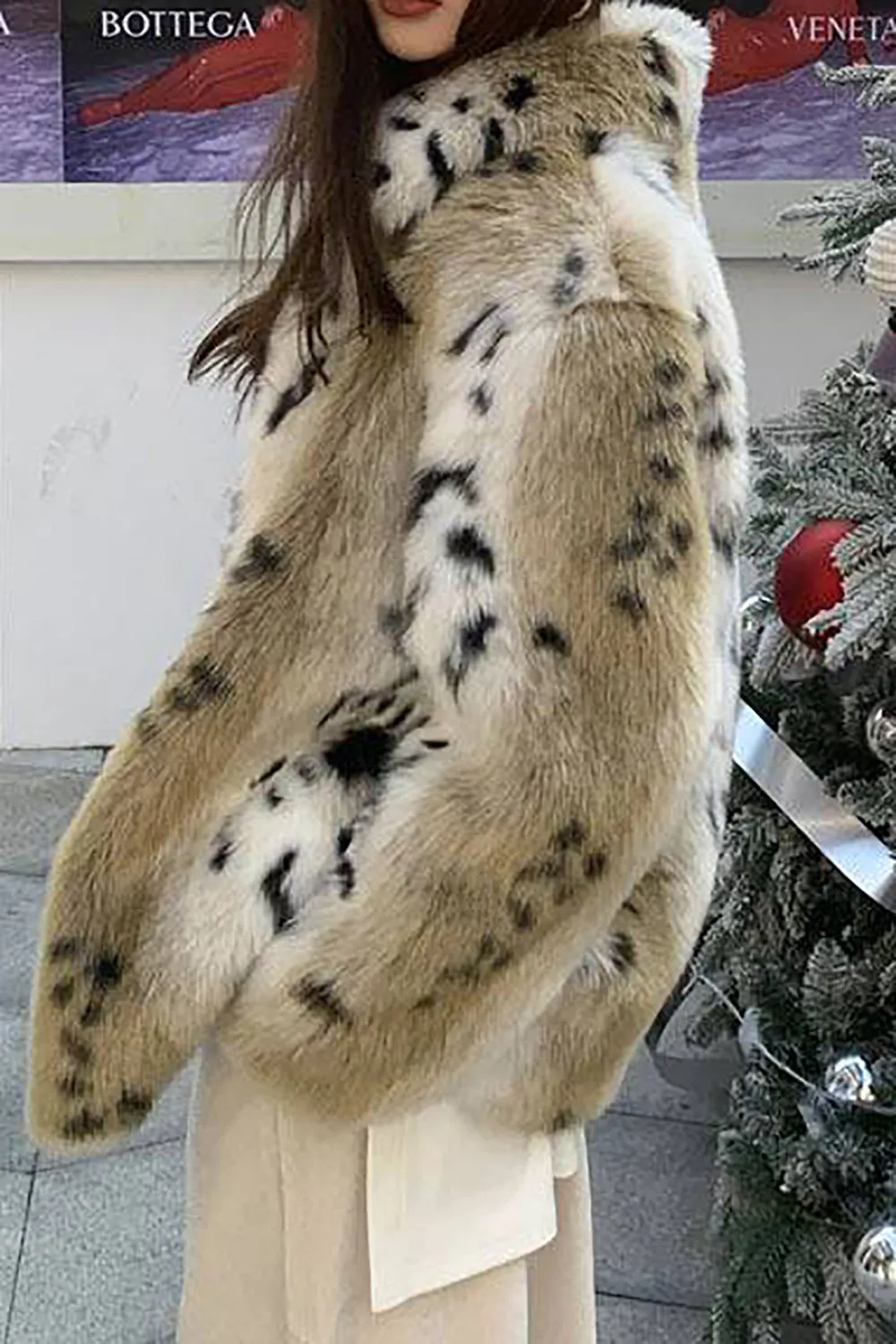 Khaki Print Long Faux Fur Coat