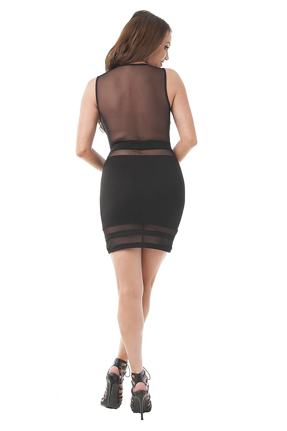 Khanomak Women's Sleeveless Deep V Neck Mesh Sexy Mini Cocktail Form Fitting Party Clubwear Dresses