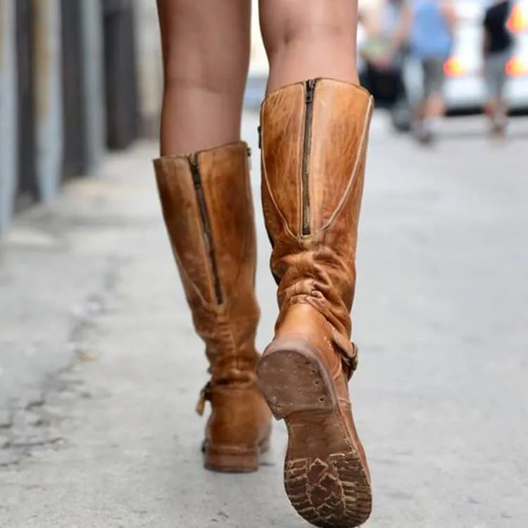 Leather Zipper Low Heel Knee High Boots