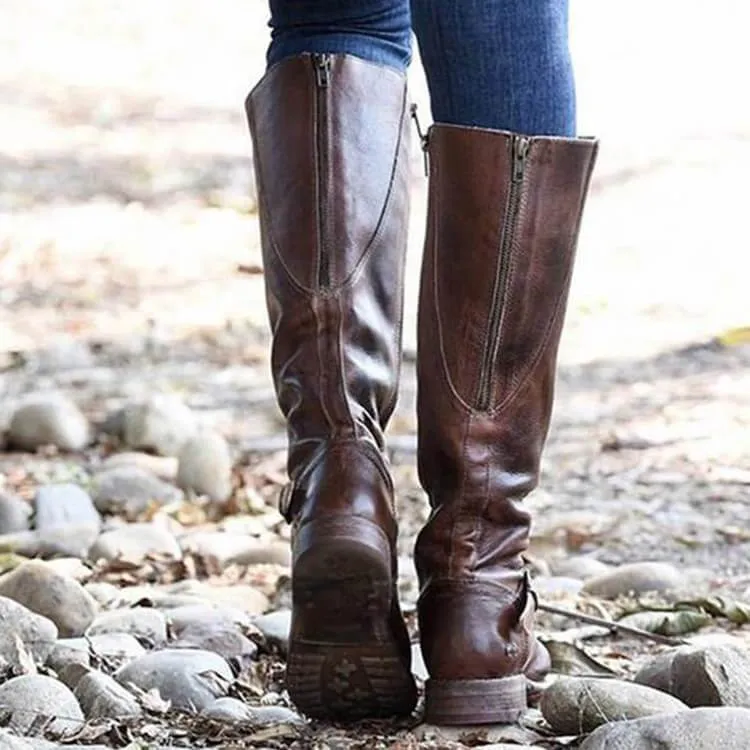 Leather Zipper Low Heel Knee High Boots