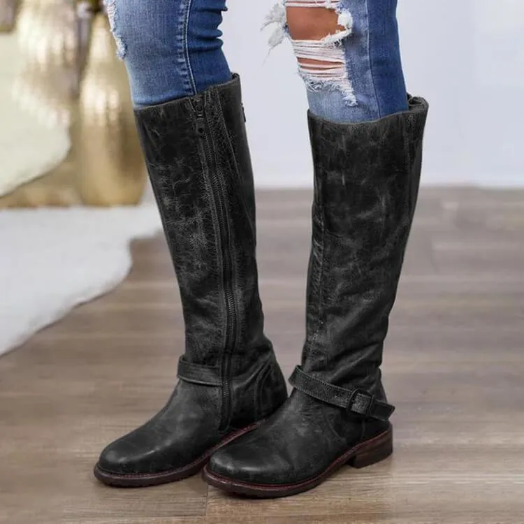 Leather Zipper Low Heel Knee High Boots