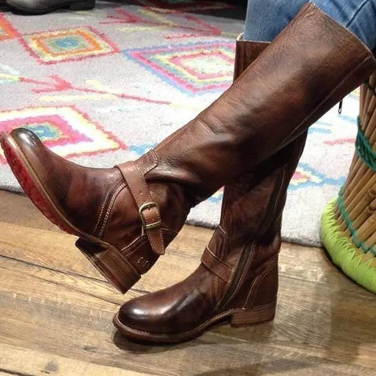 Leather Zipper Low Heel Knee High Boots