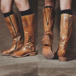 Leather Zipper Low Heel Knee High Boots