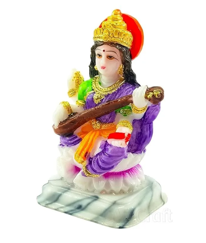 Maa Saraswati Murti for Pooja | Showpiece | Marble | Multicolour, (Pack of 1)