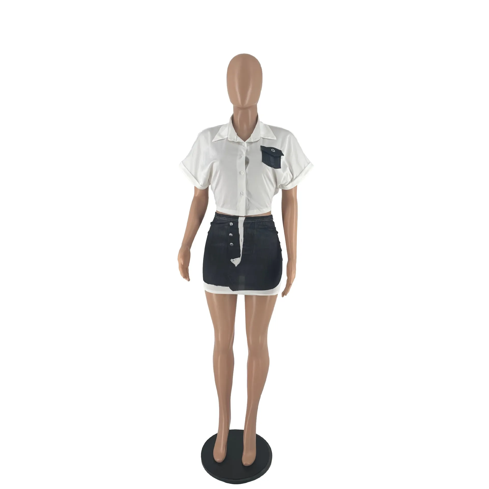MB FASHION Cropped Button-Down Shirt and PRINTED Denim Mini Skirt Set 8365LY