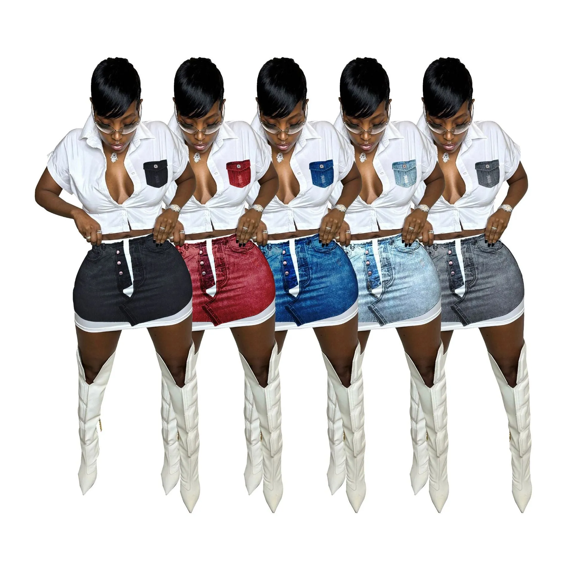 MB FASHION Cropped Button-Down Shirt and PRINTED Denim Mini Skirt Set 8365LY