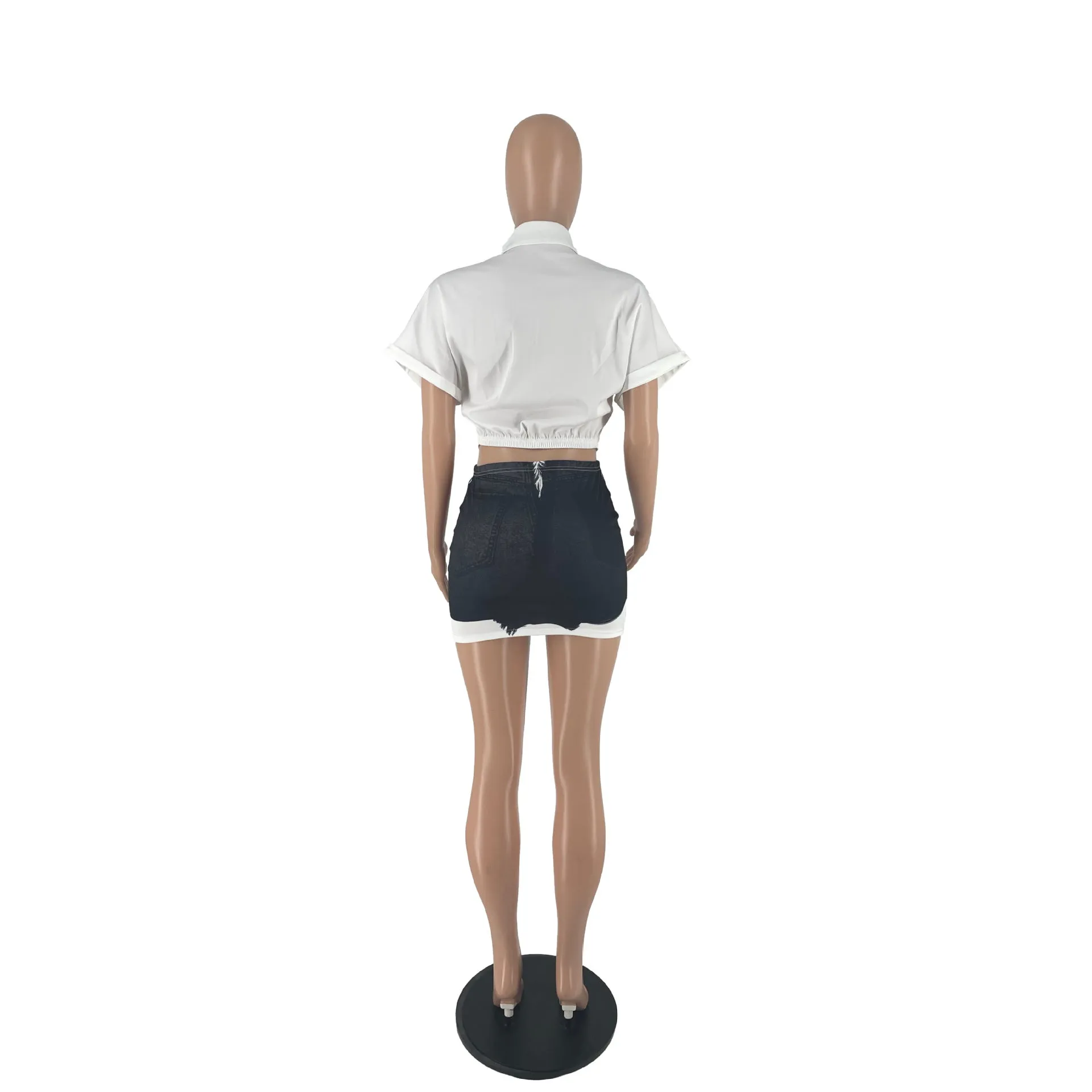 MB FASHION Cropped Button-Down Shirt and PRINTED Denim Mini Skirt Set 8365LY
