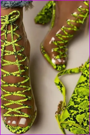 Neon Green Snake Pattern Boots F267