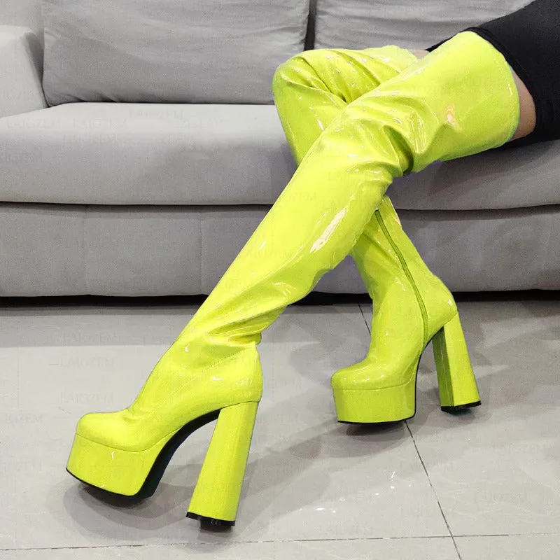 Over the knee boots neon nighclub chunky heel platform boots