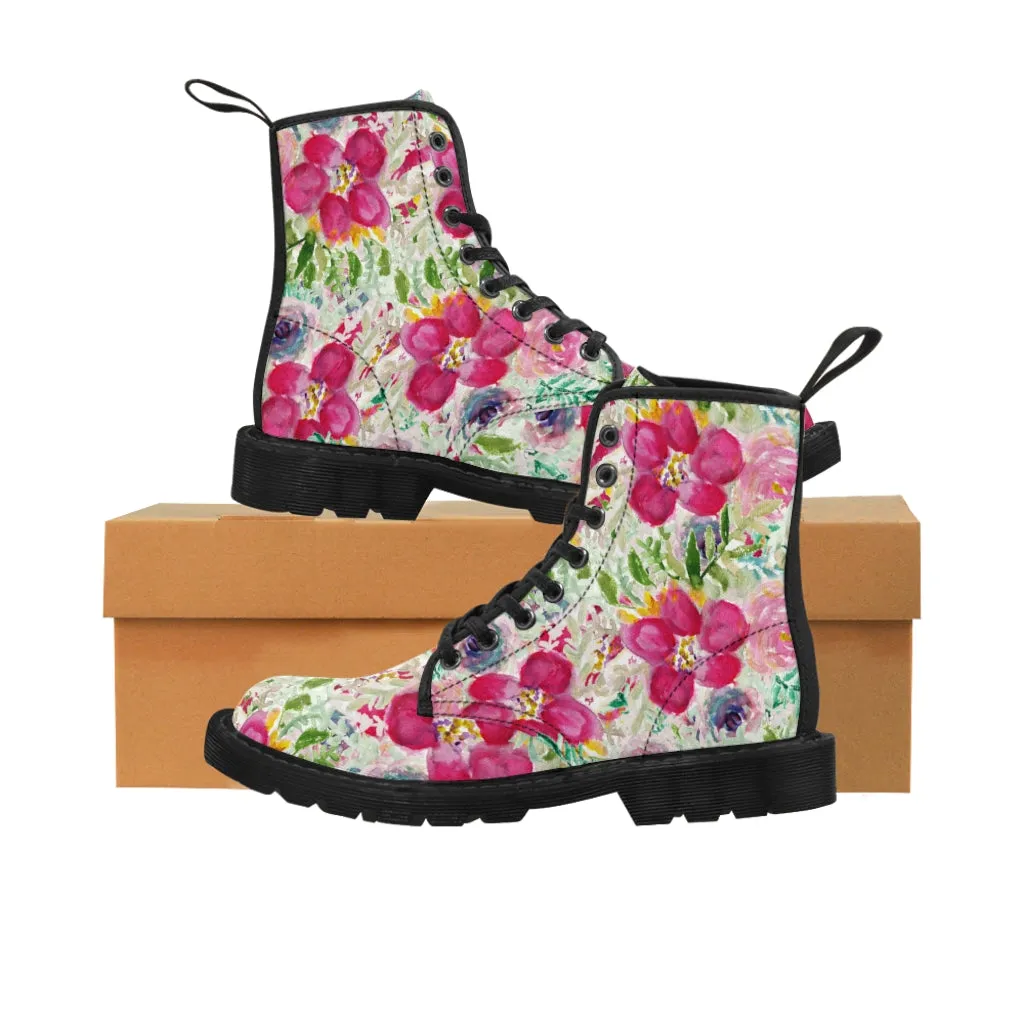 Pink Floral Print Men's Boots, Best Hiking Winter Boots Laced Up Premium Shoes For Men