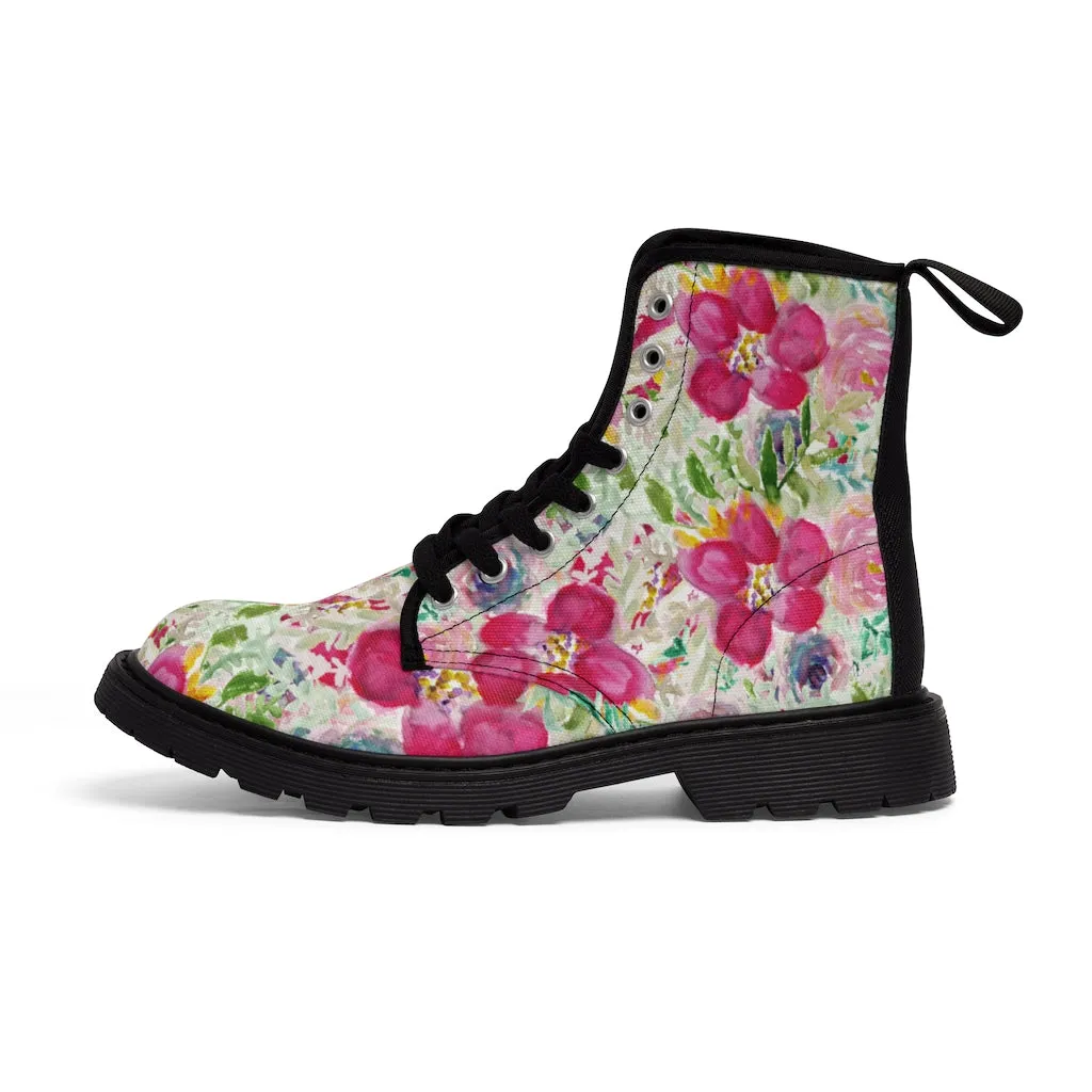 Pink Floral Print Men's Boots, Best Hiking Winter Boots Laced Up Premium Shoes For Men
