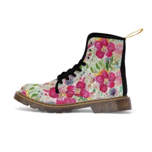 Pink Floral Print Men's Boots, Best Hiking Winter Boots Laced Up Premium Shoes For Men