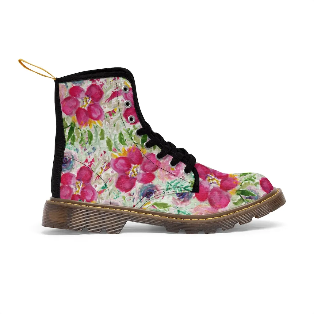 Pink Floral Print Men's Boots, Best Hiking Winter Boots Laced Up Premium Shoes For Men