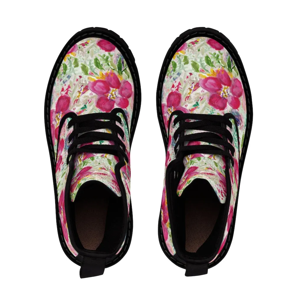 Pink Floral Print Men's Boots, Best Hiking Winter Boots Laced Up Premium Shoes For Men