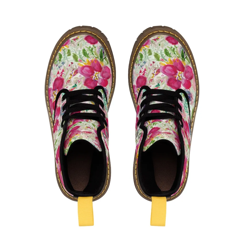 Pink Floral Print Men's Boots, Best Hiking Winter Boots Laced Up Premium Shoes For Men