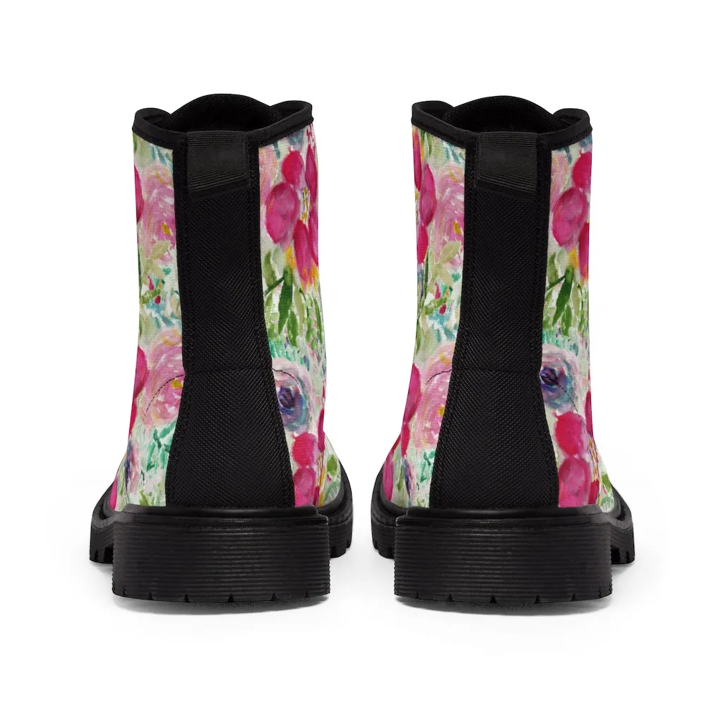 Pink Floral Print Men's Boots, Best Hiking Winter Boots Laced Up Premium Shoes For Men