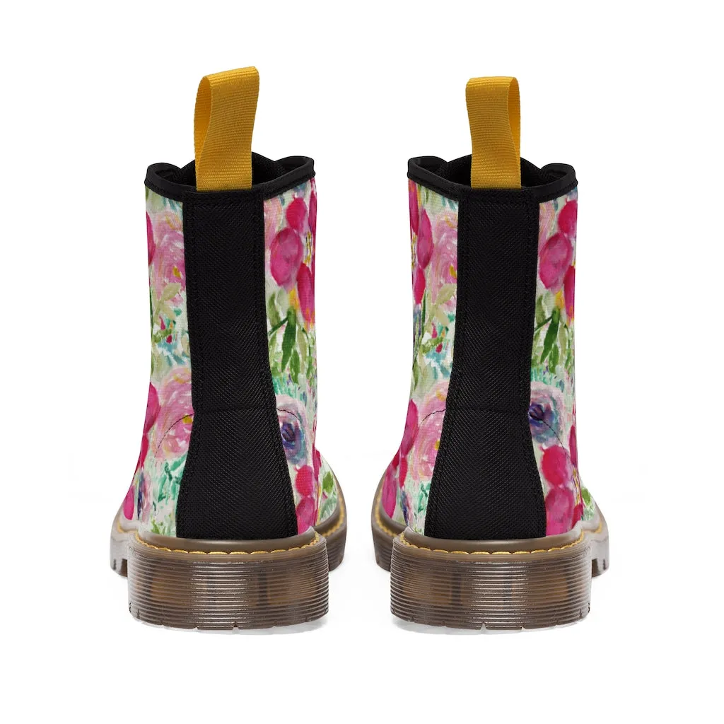 Pink Floral Print Men's Boots, Best Hiking Winter Boots Laced Up Premium Shoes For Men
