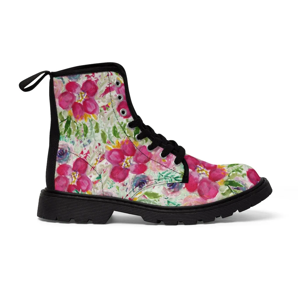 Pink Floral Print Men's Boots, Best Hiking Winter Boots Laced Up Premium Shoes For Men