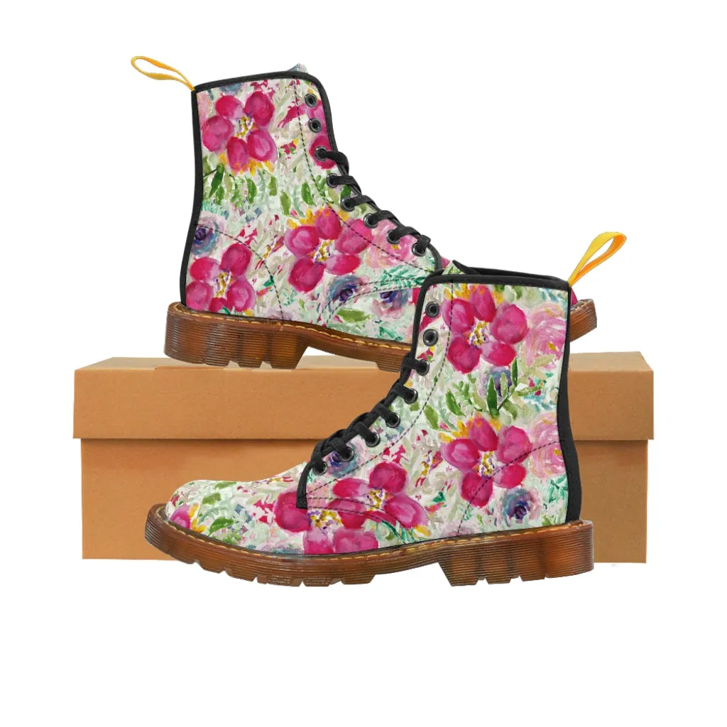 Pink Floral Print Men's Boots, Best Hiking Winter Boots Laced Up Premium Shoes For Men