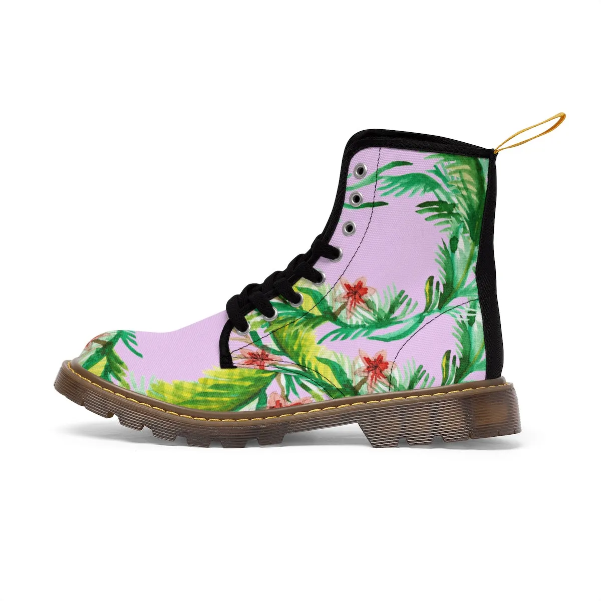 Pink Floral Women's Boots, Designer Vintage-Style Print Nylon Canvas Winter Hiking Boots
