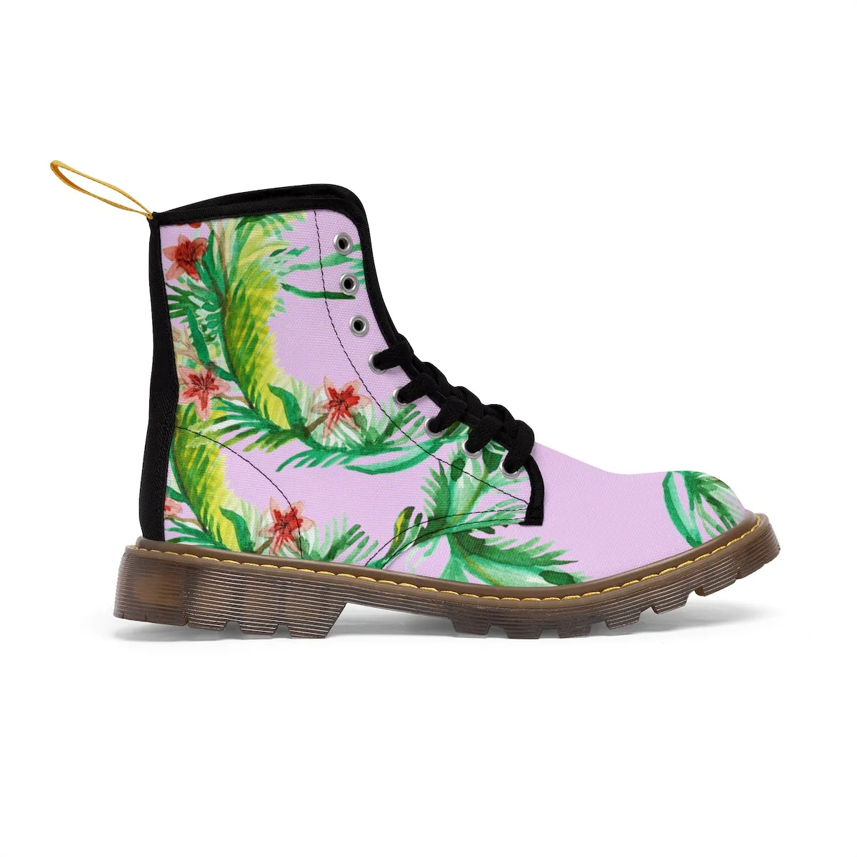 Pink Floral Women's Boots, Designer Vintage-Style Print Nylon Canvas Winter Hiking Boots