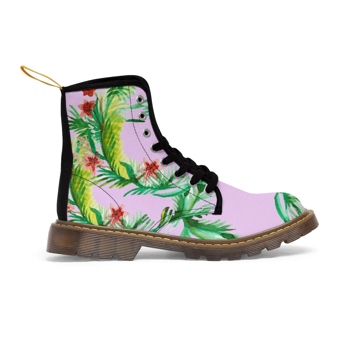 Pink Floral Women's Boots, Designer Vintage-Style Print Nylon Canvas Winter Hiking Boots