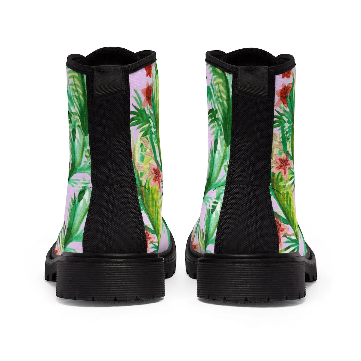 Pink Floral Women's Boots, Designer Vintage-Style Print Nylon Canvas Winter Hiking Boots