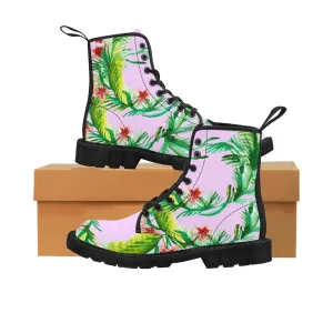 Pink Floral Women's Boots, Designer Vintage-Style Print Nylon Canvas Winter Hiking Boots