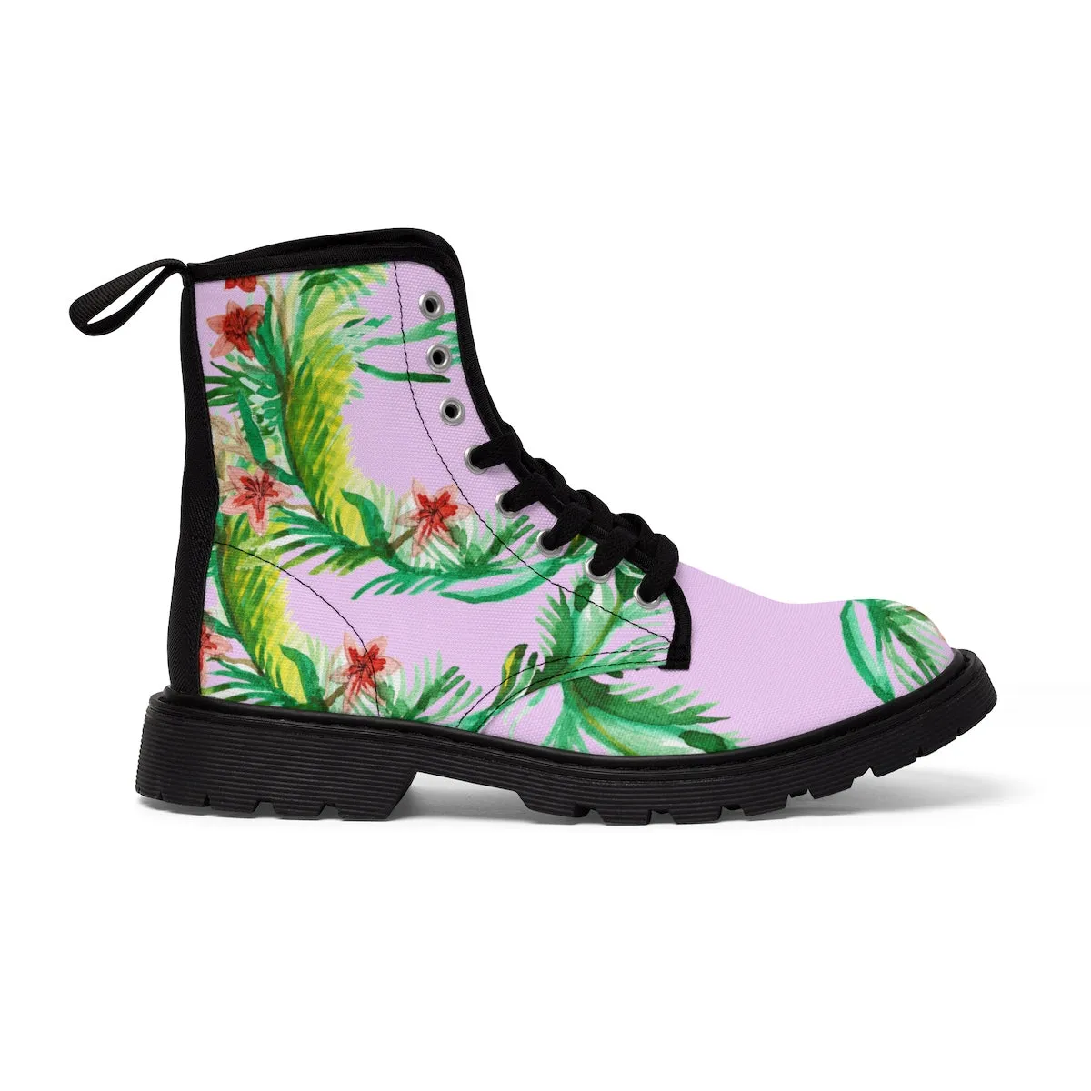Pink Floral Women's Boots, Designer Vintage-Style Print Nylon Canvas Winter Hiking Boots