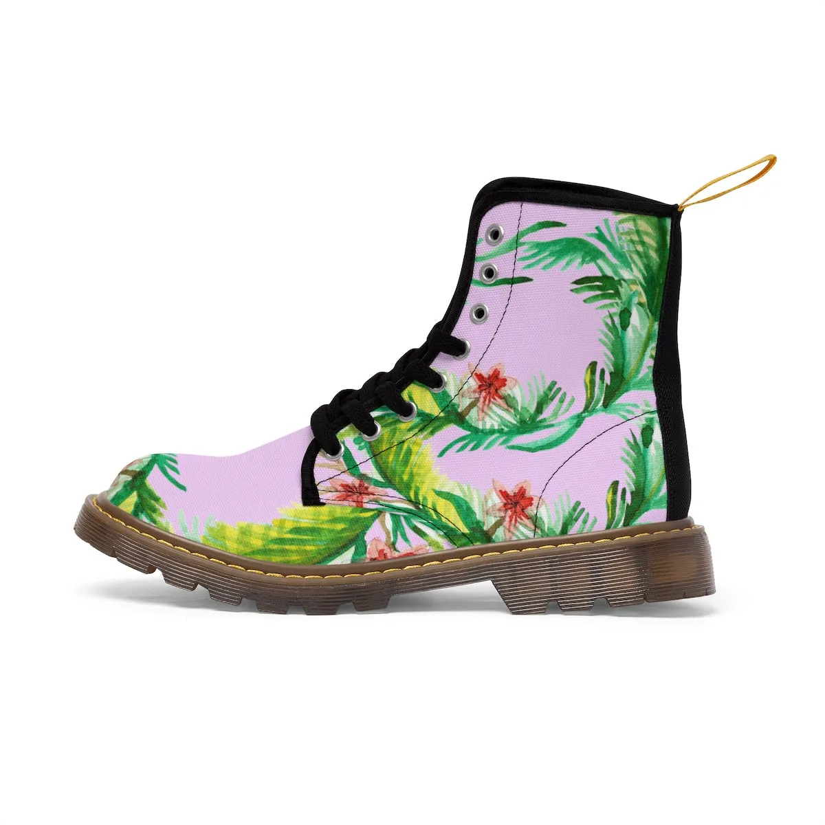 Pink Floral Women's Boots, Designer Vintage-Style Print Nylon Canvas Winter Hiking Boots