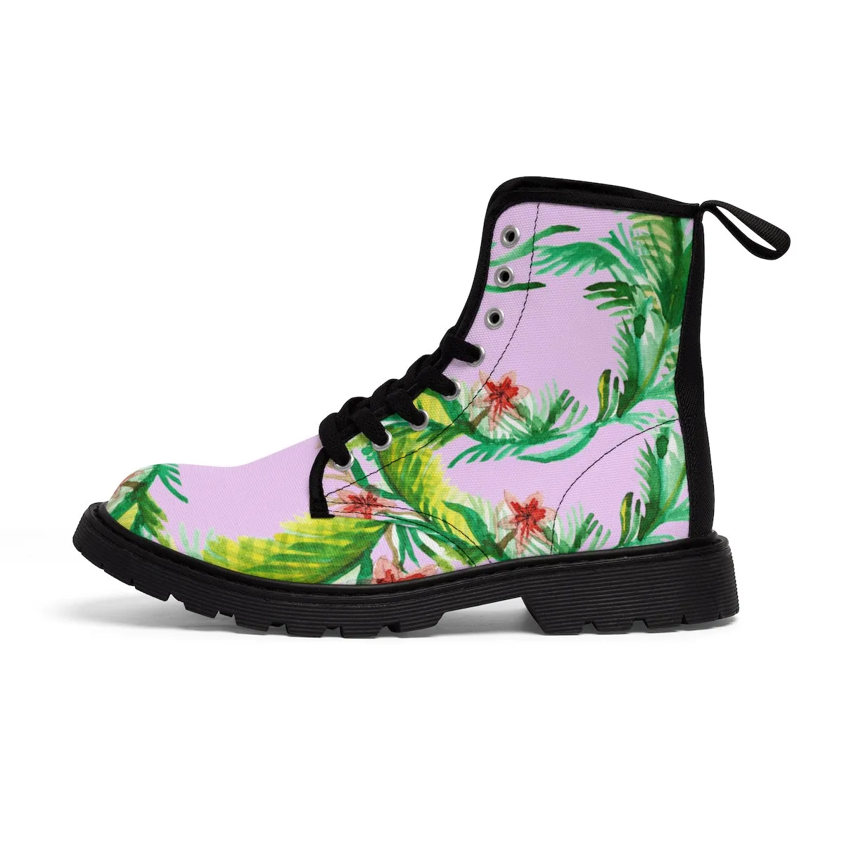Pink Floral Women's Boots, Designer Vintage-Style Print Nylon Canvas Winter Hiking Boots