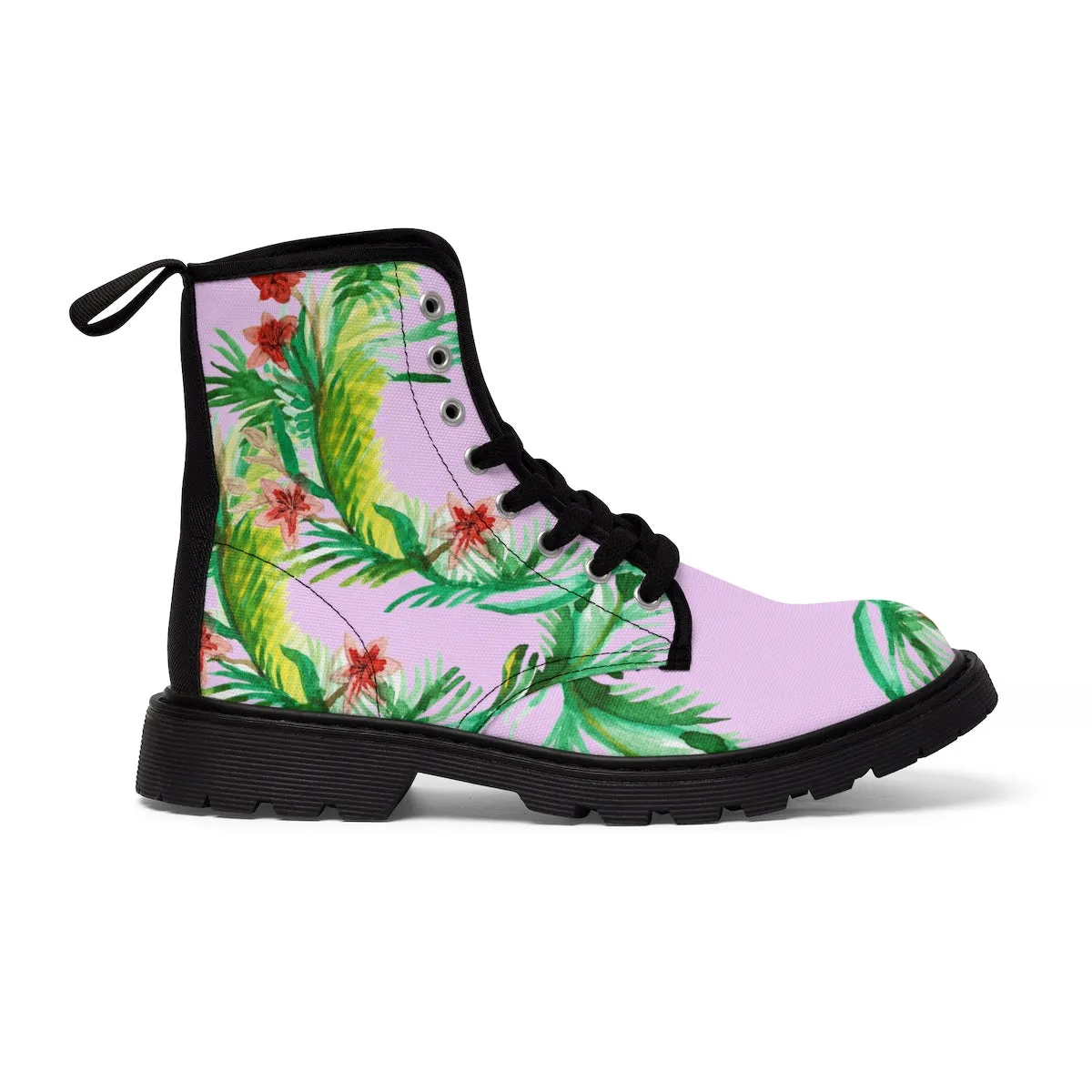 Pink Floral Women's Boots, Designer Vintage-Style Print Nylon Canvas Winter Hiking Boots